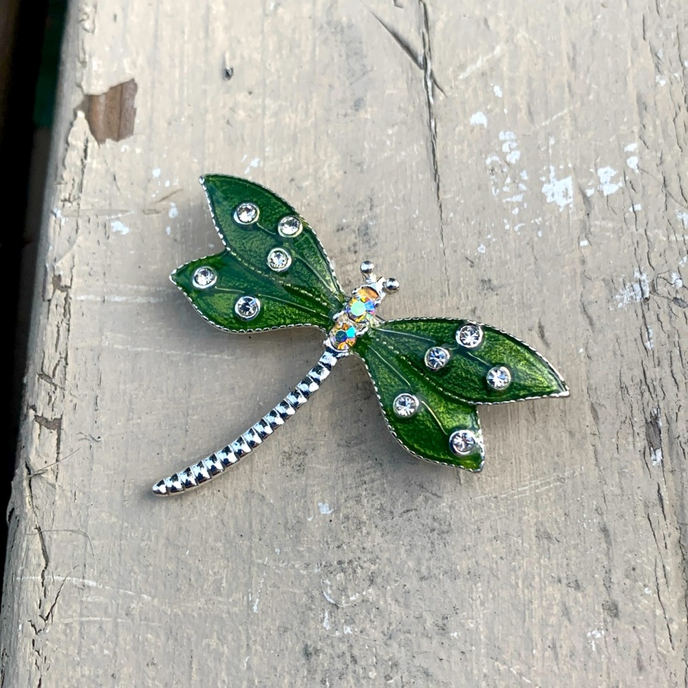 Dragonfly brooch green enamel rhinestones
